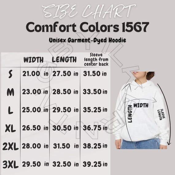 Hoodie Size Chart I Comfort Colors 1567 Size Chart I Unisex