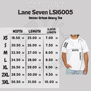 Urban Heavy Tee Size Chart | Size Chart for Unisex Urban Heavy Tee | Lane Seven LS16005 Mockup and size chart | Tee size chart | Printify