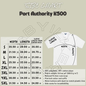 Port Authority K500 Polo Shirt Size Chart (Digital Download)