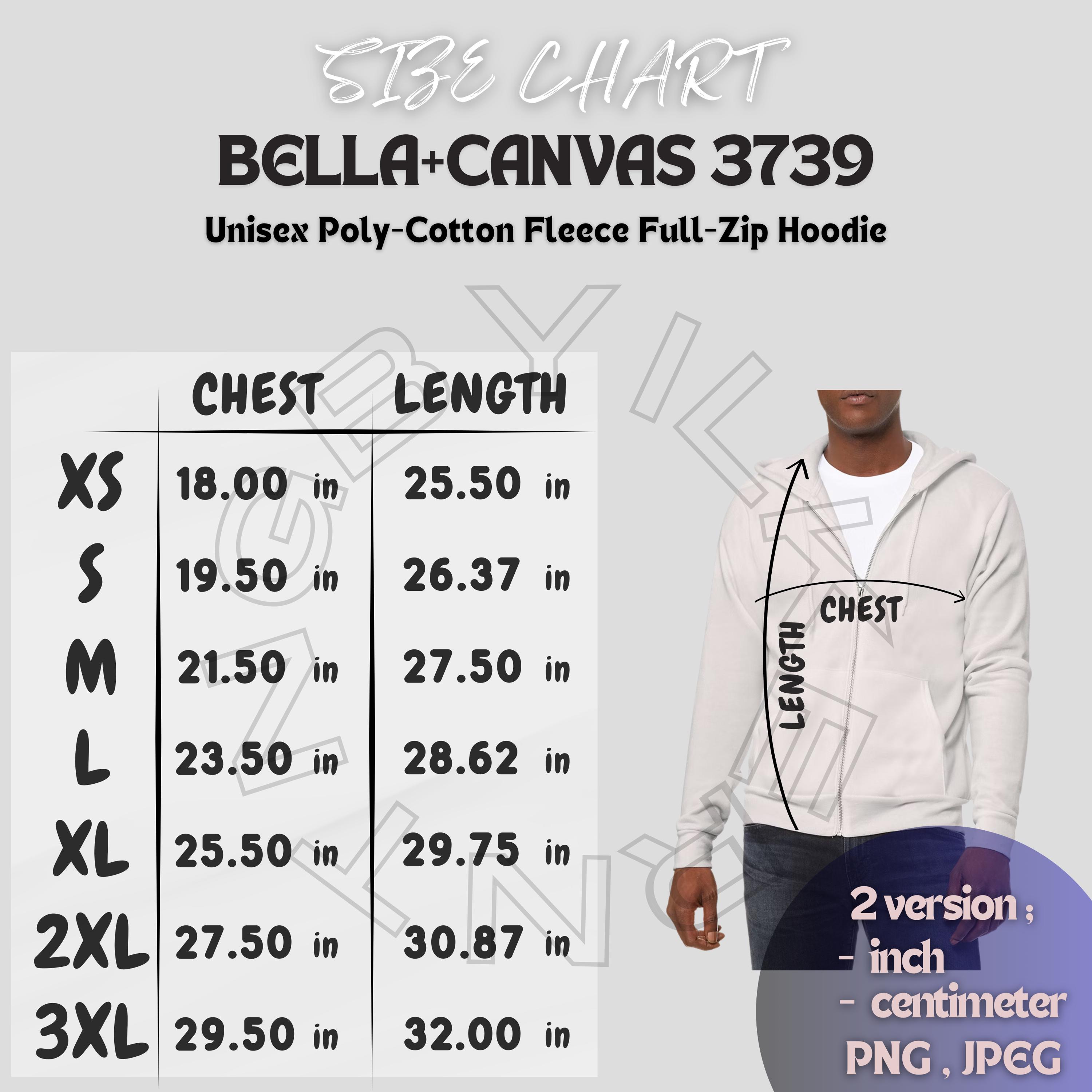 Bella+canvas 3739 Size Chart | Unisex Poly-cotton Fleece Full-zip