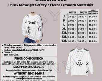 Tabla de tallas y características principales de Gildan SF000 / Características del producto Sudadera unisex de cuello redondo de polar suave y de peso medio / Paquete Gildan SF000