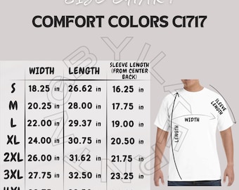 May include: Size chart for Comfort Colors C1717 t-shirts, showing width, length, and sleeve length measurements in inches for sizes S through 4XL.