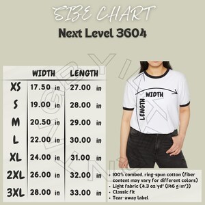 Next Level 3604 サイズ表 | ユニセックス コットン リンガー T シャツのサイズ表 | コットン リンガー T シャツのモックアップとサイズ表 | T シャツのサイズ