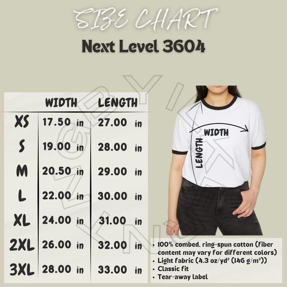 Next Level 3604 Size Chart | Size Chart for Unisex Cotton Ringer T