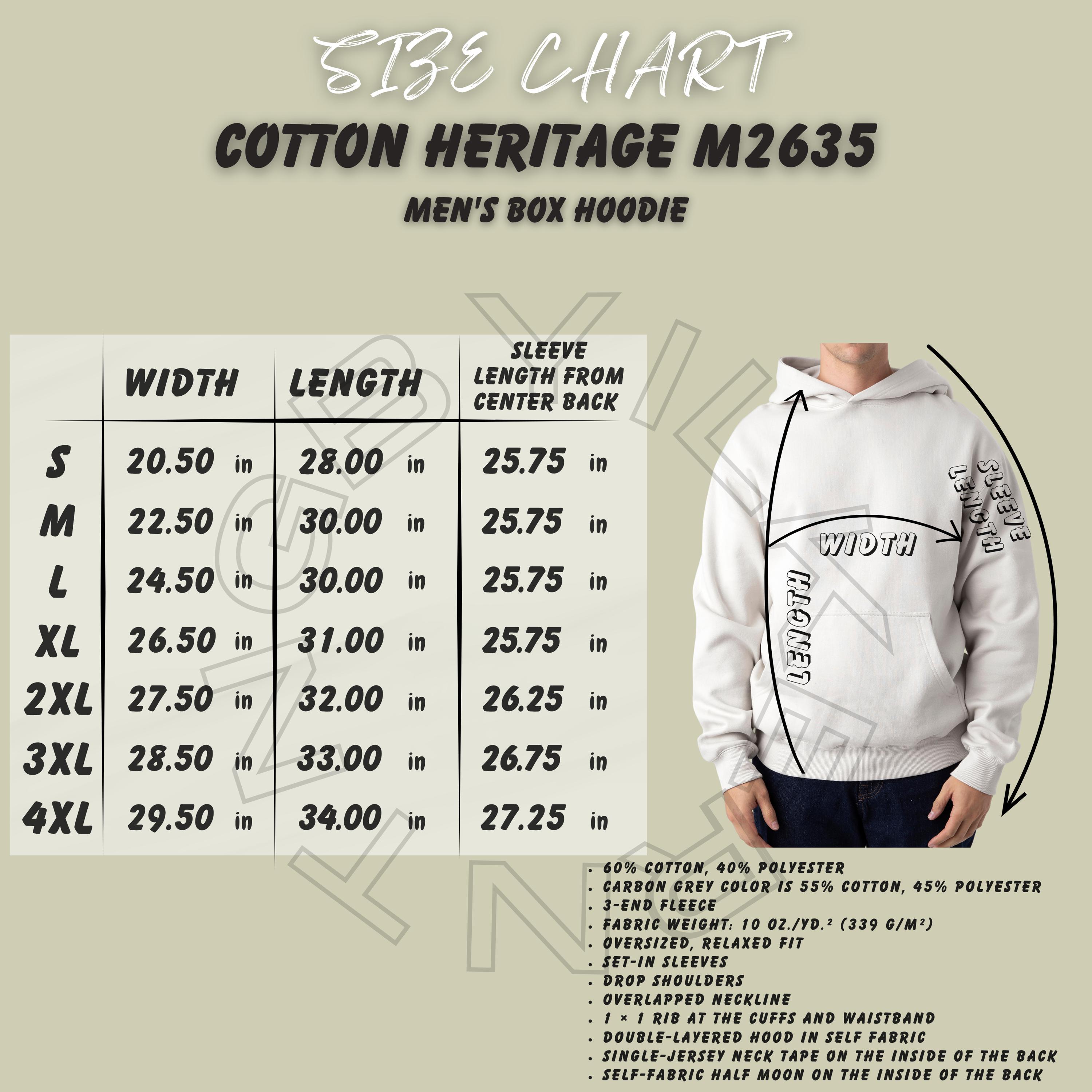 Hoodie Size Chart I Cotton Heritage M2635 Size Chart I Size Chart
