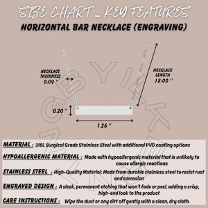 May include: A silver horizontal bar necklace with chain, featuring a 1.26-inch bar, 0.09-inch thickness, and 18-inch chain length. The necklace is made of stainless steel and is hypoallergenic. The image includes text about the necklace's features.