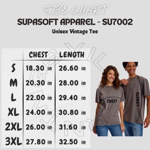 T-Shirt Size Chart I Supasoft Apparel SU7002 Size Chart | Unisex Vintage Tee size Chart I Supasoft Apparel SU7002 T-shirt Mockup And Size