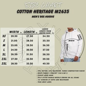 May include: Size chart for a Cotton Heritage M2635 Men's Box Hoodie. Measurements are in inches. The chart includes width, length, and sleeve length from the center back for sizes XS to 3XL. Features include a fleece-lined hood and split stitch double-needle sewing.