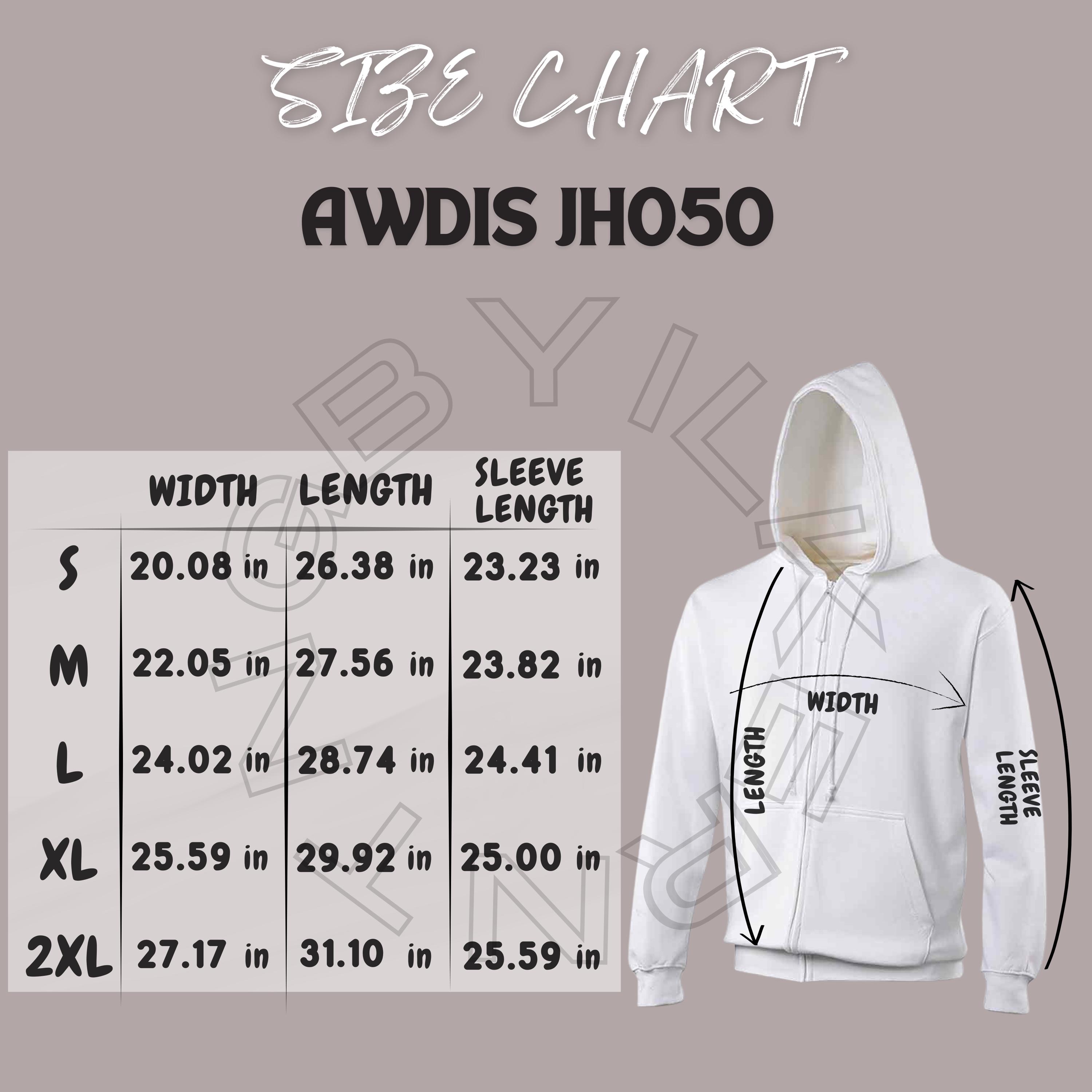 AWDIS JH050 Size Chart | Size Chart for Unisex Full Zip Hoodie