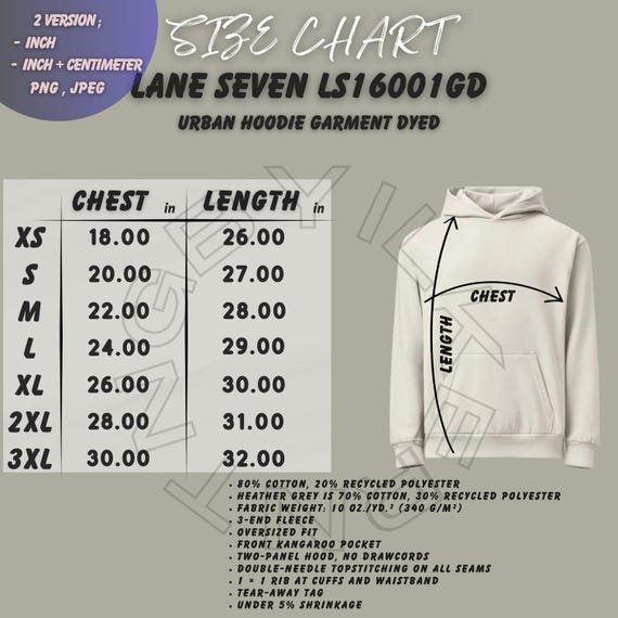 Hoodie Size Chart I Lane Seven LS16001GD Size Chart I Urban Hoodie