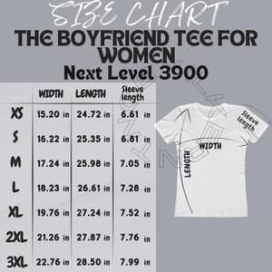 Next Level 3900 サイズ表 | レディース向けボーイフレンド T シャツのサイズ表 | Next Level 3900 モックアップとサイズ表 | T シャツのサイズ表