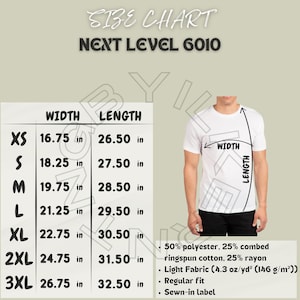 Next Level 6010 サイズ表 | ユニセックス トライブレンド クルー T シャツのサイズ表 | Next Level 6010 モックアップとサイズ表 | T シャツのサイズ | 6010 サイズ