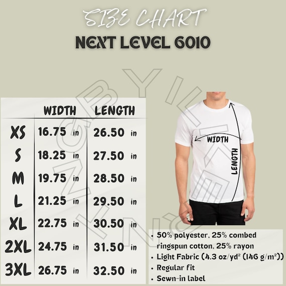 Next Level 6010 Size Chart | Size Chart for Unisex Tri-blend Crew