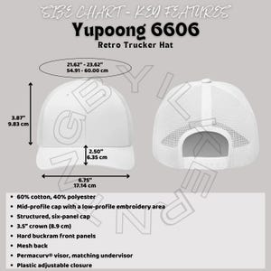 Retro Trucker Hat Size Chart | Yupoong 6606 size chart | Retro Trucker Hat Yupoong 6606 Mockup and size chart | Hat sizing | Printful chart