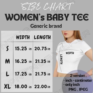 Tabla de tallas de camisetas I Tabla de tallas de camisetas de bebé para mujer I Tabla de tallas / Maqueta y tabla de tallas de camisetas de bebé para mujer I Camiseta de bebé para mujer I Descargar tabla de tallas