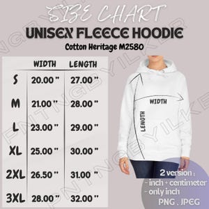 Hoodie Size Chart I Cotton Heritage M2580 Size Chart | Size Chart | Unisex Fleece Hoodie size Chart I Cotton Heritage M2580 Mockup and size