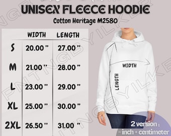 Hoodie Size Chart I Cotton Heritage M2580 Size Chart | Size Chart | Unisex Fleece Hoodie size Chart I Cotton Heritage M2580 Mockup and size