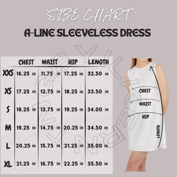 A-line Sleeveless Dress Size Chart | Size Chart for A line Sleeveless Dress  (AOP) | A-line Sleeveless Dress Mockup | Dress size chart