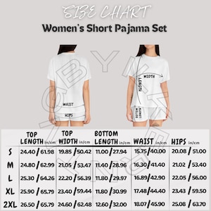 Women&#39;s Short Pajama Set Size Chart I Women&#39;s Short Pajama Set (AOP) Size Chart I Womens Short Pajama Set Mockup I Printify Pajama set size