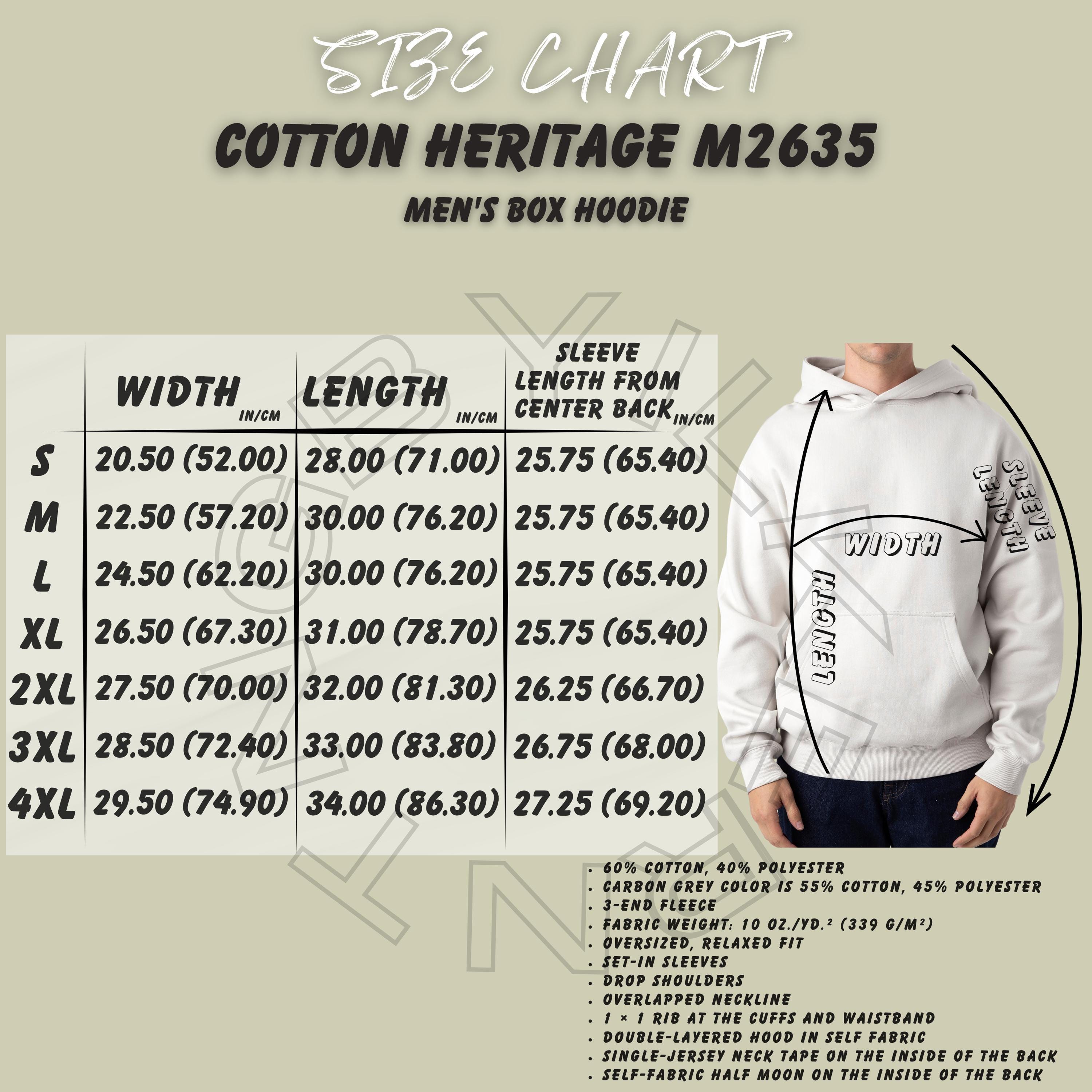 Hoodie Size Chart I Cotton Heritage M2635 Size Chart I Size Chart