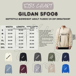May include: A size chart for the Gildan SF008 softstyle midweight adult fleece 1/4 zip sweatshirt. The chart lists width, length, and sleeve measurements in inches for sizes S to 3XL. It includes a product image and color swatches.