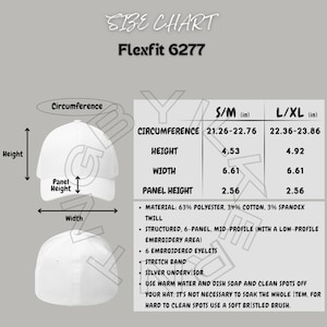 May include: Size chart for a Flexfit 6277 hat, with measurements in inches. Includes circumference, height, width, and panel height for S/M and L/XL sizes. The hat is made of polyester, cotton, and spandex twill.
