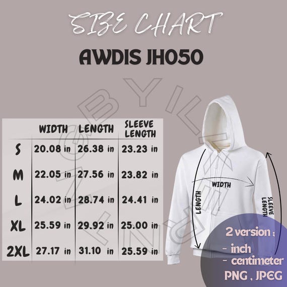 AWDIS JH050 Size Chart | Size Chart for Unisex Full Zip Hoodie
