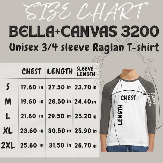 Bella Canvas 3200 Size Chart | Size Chart for Unisex 3/4 Sleeve