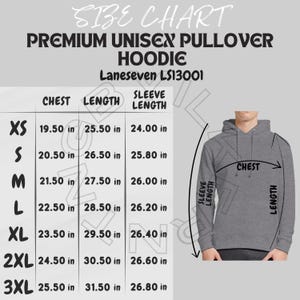 May include: Size chart for a unisex pullover hoodie with measurements in inches for chest, length, and sleeve length. Sizes range from XS to 3XL.