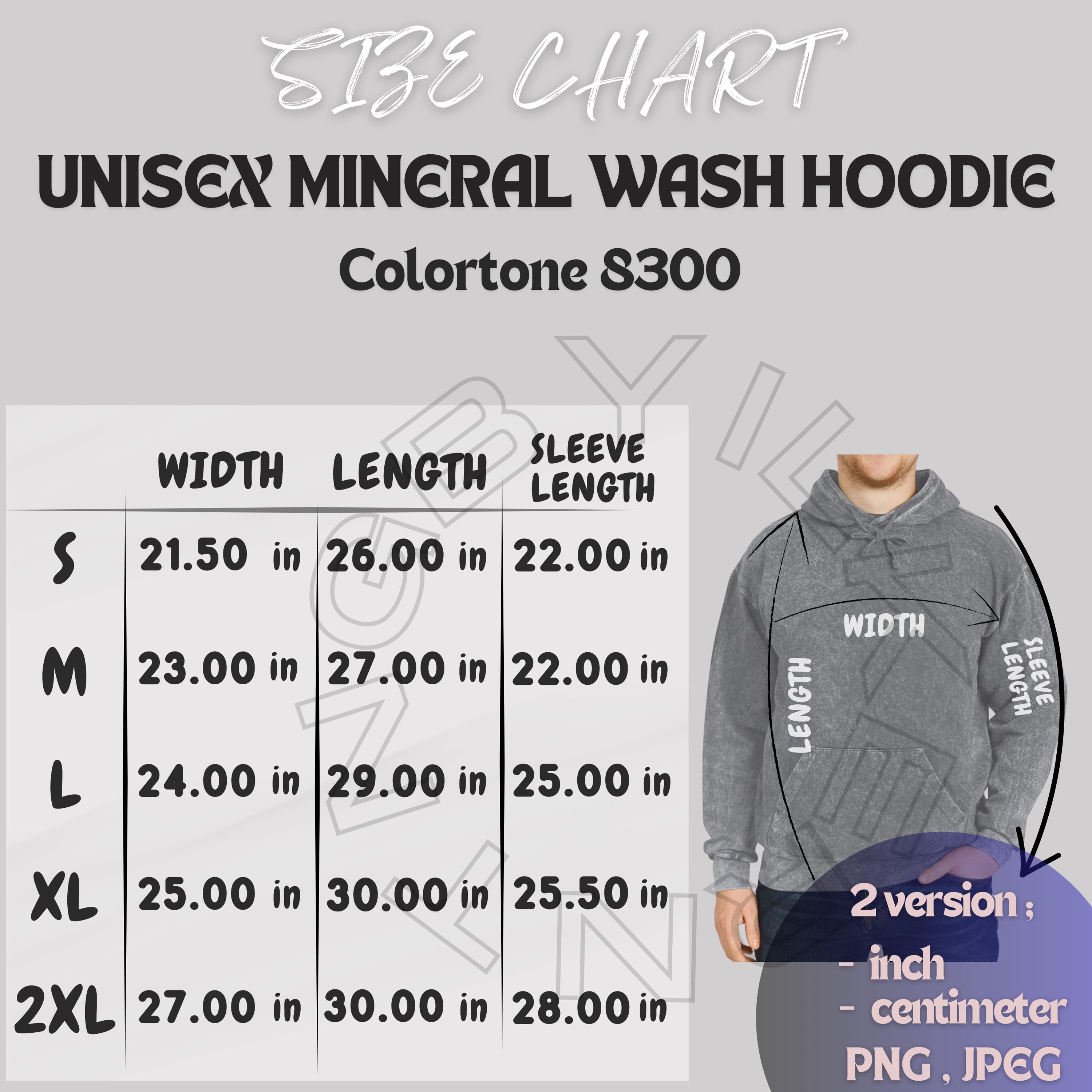 Colortone 8300 Size Chart | Unisex Mineral Wash Hoodie Size Chart