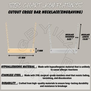 May include: A gold and silver cutout cross bar necklace with engraving. The gold necklace is 32 mm long and 5 mm thick, with an 18-inch chain. The silver necklace is 0.05 inches thick. The text says "HYPOALLERGENIC MATERIAL" and "STAINLESS STEEL".
