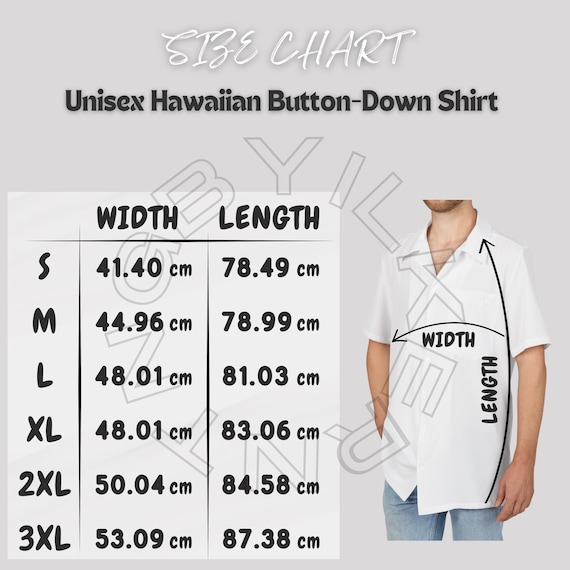 Hawaiian Button-Down Shirt Size Chart | Unisex Hawaiian Button Down Shirt  (AOP) Mockup and size chart | Printfiy sizing chart | Shirt sizing