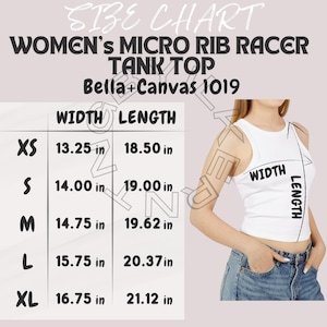 Tabla de tallas de camisetas I Bella Canvas 1019 Tabla de tallas I Tabla de tallas / Tabla de tallas de camisetas sin mangas Micro Rib Racer para mujer I Guía de camisetas Bella Canvas 1019