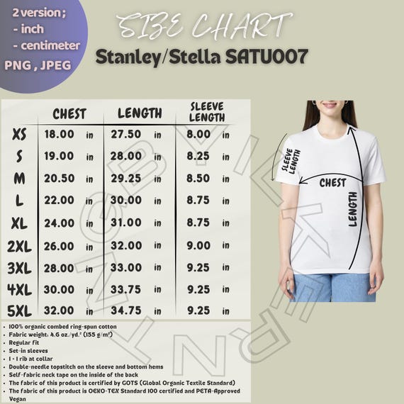 T-shirt Size Chart I Stanley Stella SATU007 Size Chart I Tee Size