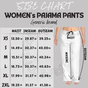 Pajama Pants Size Chart I Women&#39;s Pajama Pants(AOP) Size Chart I Women&#39;s Pajama Pants Mockup size chart I Printify Pajama Pants Sizing Table