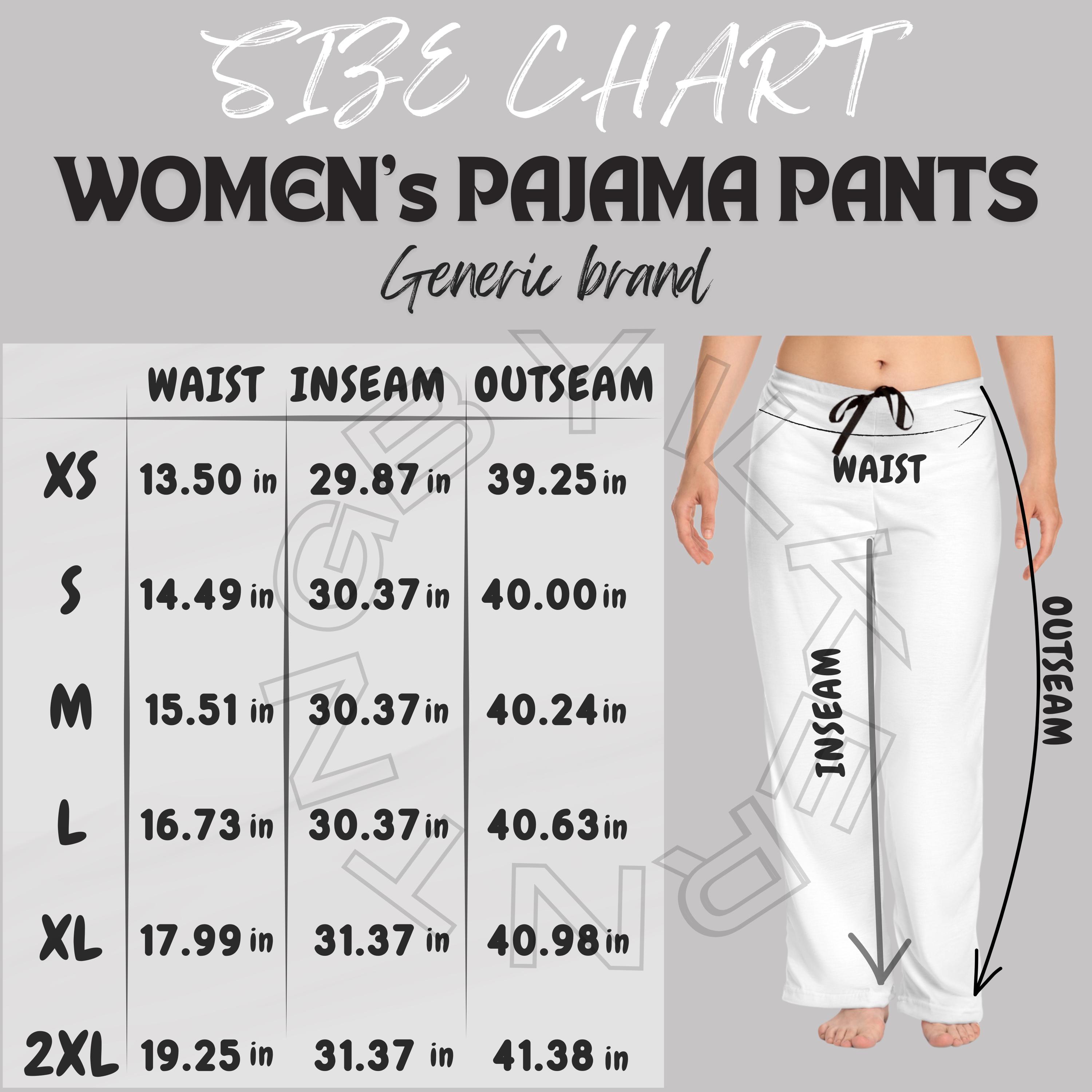 Pajama Pants Size Chart I Women's Pajama Pants(AOP) Size Chart I Women's Pajama Pants Mockup size chart I Printify Pajama Pants Sizing Table