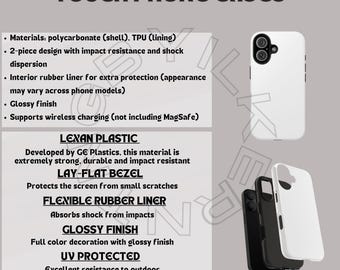 May include: A white phone case with a black camera bump. The case is made of polycarbonate and TPU and is designed to be impact resistant and shock absorbent. It features a lay-flat bezel to protect the screen from scratches, a flexible rubber liner to absorb shock, and a glossy finish. The case is also UV protected and supports wireless charging.