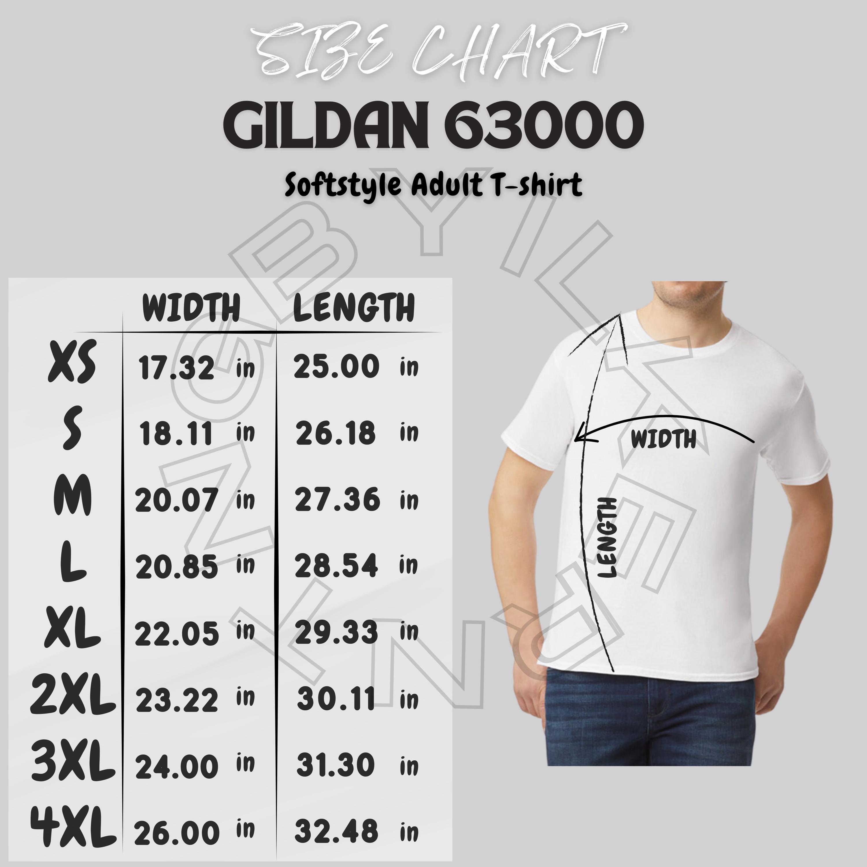 T-shirt Size Chart, Gildan 63000 Size Chart, Unisex Softstyle