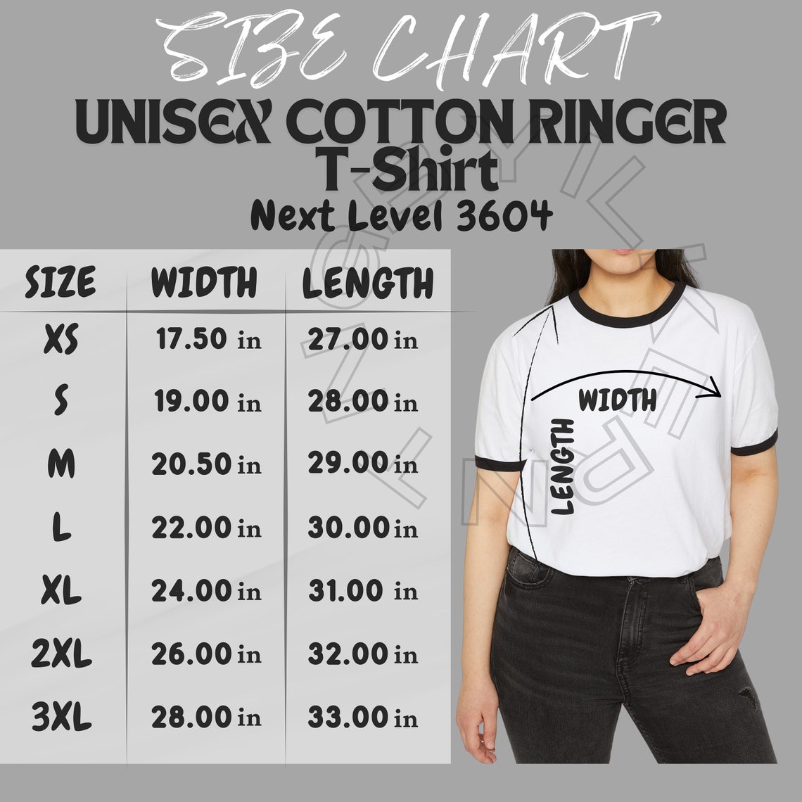 Next Level 3604 Size Chart Size Chart for Unisex Cotton Ringer Tshirt