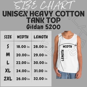 Tabla de tallas de tanque I Tabla de tallas Gildan 5200 / Tabla de tallas I Camiseta sin mangas de algodón pesado unisex Tabla de tallas I Camiseta sin mangas de algodón pesado unisex Gildan 5200