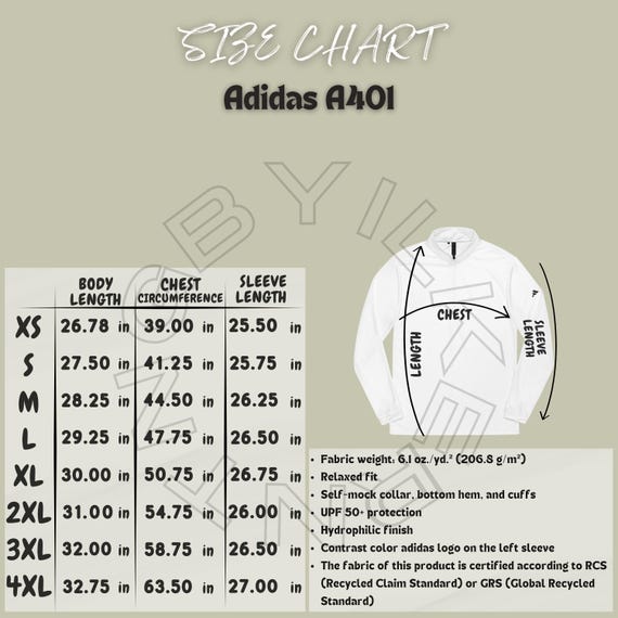 Quarter-zip Pullover Size Chart | Size Chart for Adidas A401