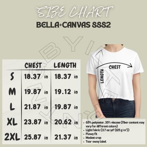 Bella Canvas 8882 Size Chart | Size Chart for Women&#39;s Flowy Cropped Tee | Bella+Canvas 8882 Mockup And Size Chart | T-Shirt Sizing