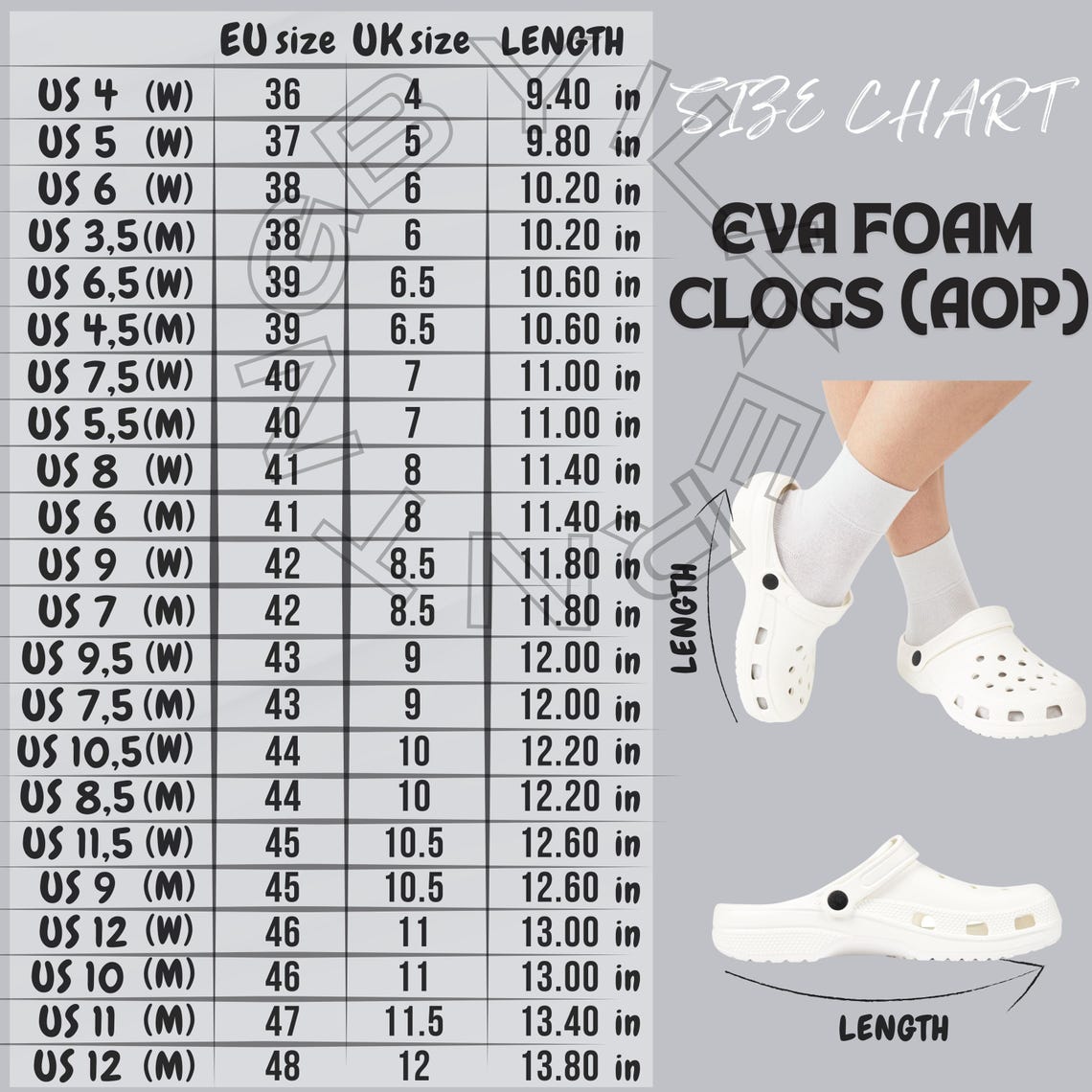 May include: Size chart for white EVA foam clogs with a black and white abstract print. The chart shows US, EU, and UK sizes with corresponding length measurements in inches. The chart is labeled 'Size Chart' and 'EVA Foam Clogs (AOP)'.