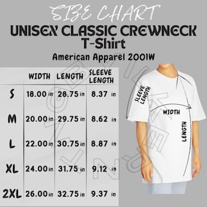 American Apparel 2001W Size Chart | Size Chart for Unisex Classic Crewneck T-Shirt | American Apparel 2001W Mockup | T-shirt sizing