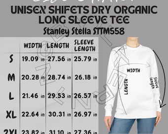 Tabla de tallas Stanley Stella STTM558 / Tabla de tallas para camiseta de manga larga unisex Shifts Dry Organic / Maqueta de tabla de tallas Stanley Stella STTM558