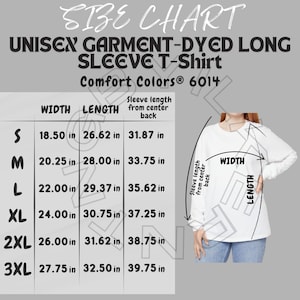 May include: Size chart for a unisex long-sleeve t-shirt. The chart shows the width, length, and sleeve length from center back for sizes S, M, L, XL, 2XL, and 3XL. Measurements are in inches.