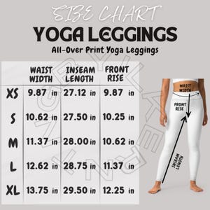 Yoga Leggings Size Chart | Size Chart for All-Over Print Yoga Leggings | Yoga Leggings Mockup and size chart | Printful size chart