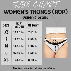 Könnte beinhalten: Größentabelle für Damen-Tangas mit Maßen in Zoll für Hüftweite und Höhe. Die Tabelle zeigt die Größen XS, S, M, L und XL. Die Tabelle enthält auch ein Diagramm eines Tangas mit den beschrifteten Maßen für Hüftweite und Höhe.