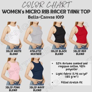 Tabla de colores de camisetas sin mangas I Tabla de colores Bella Canvas 1019 I Tabla de colores / Tabla de colores de camisetas sin mangas Micro Rib Racer para mujer I Bella Canvas 1019 Información sobre camisetas sin mangas