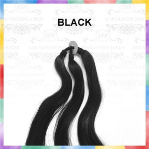 May include: Three black hair extensions with a black elastic band at the top.
